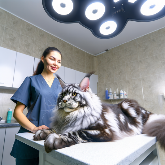 Veterinarian smiling next to a large Maine Coon cat.