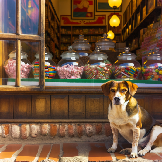Dog sitting in front of a candy shop window.