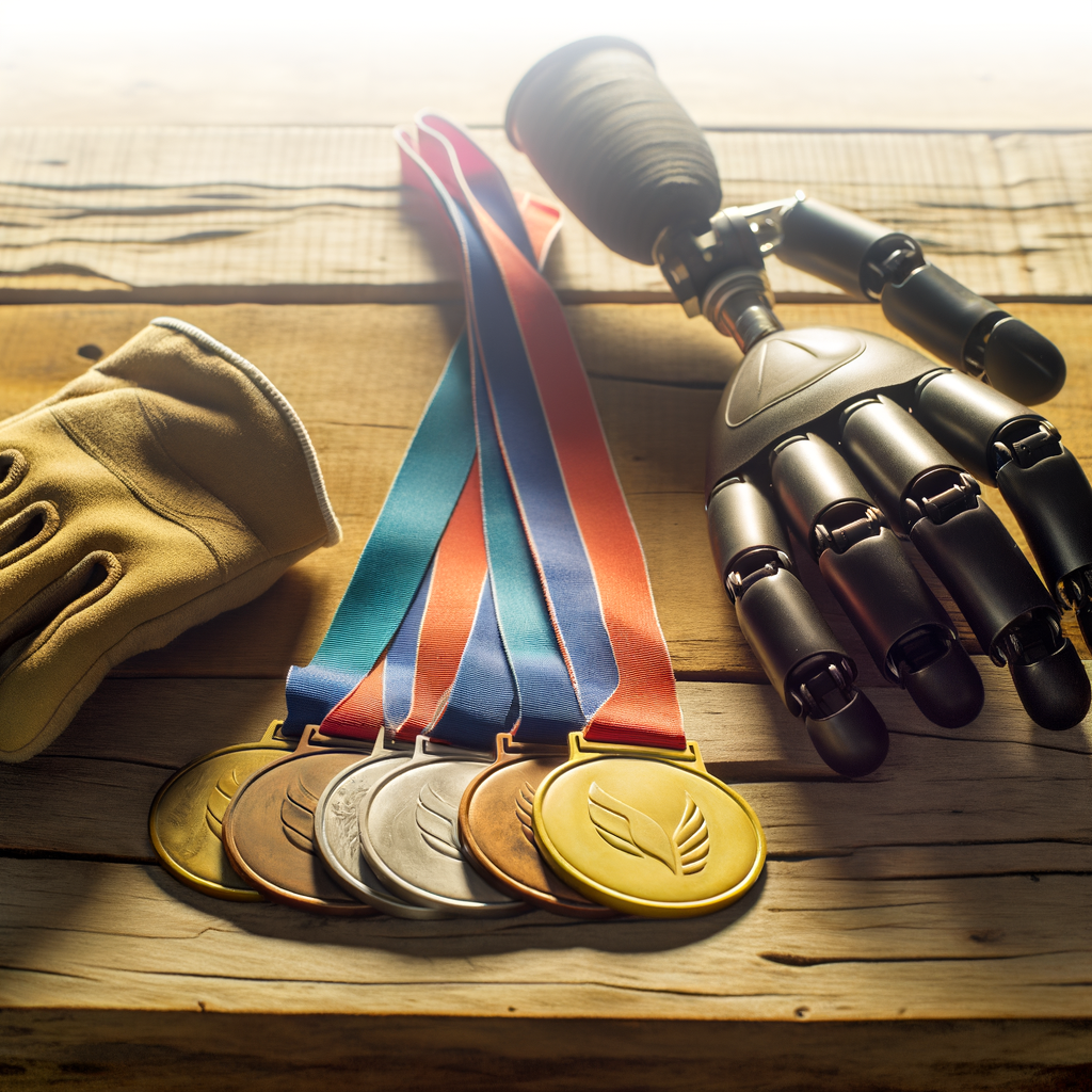 Medals and a robotic hand on a wooden table.