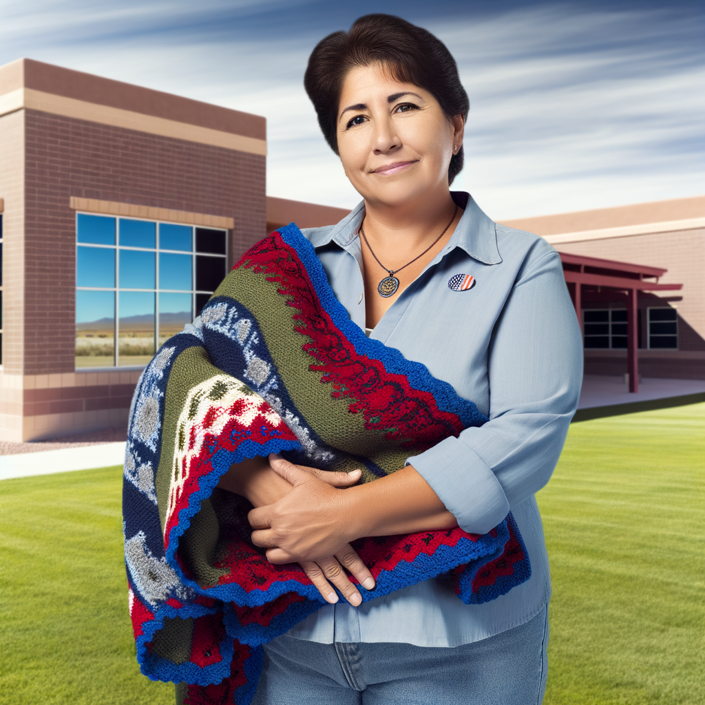 Woman holding a colorful blanket outside a building.