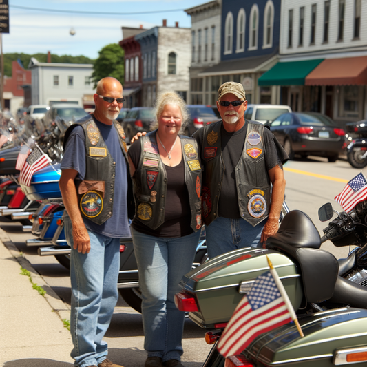 Bikers posing in vests beside motorcycles.