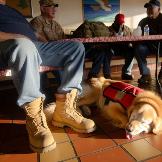 Group of veterans sitting with a service dog.