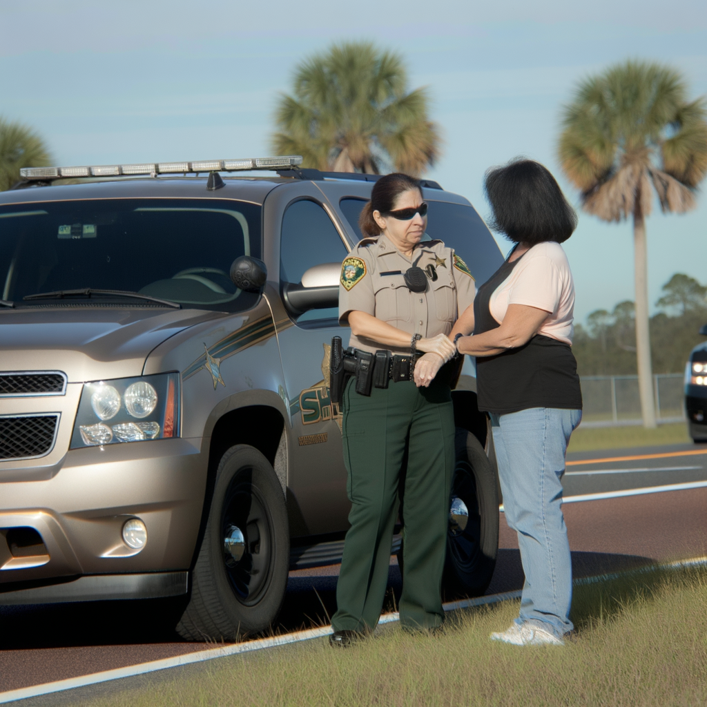 Police officer speaking with a woman on the roadside.