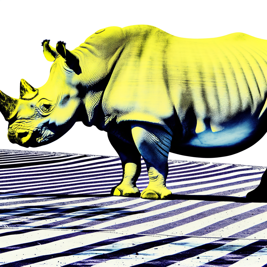 A colorful illustration of a rhinoceros on stripes.