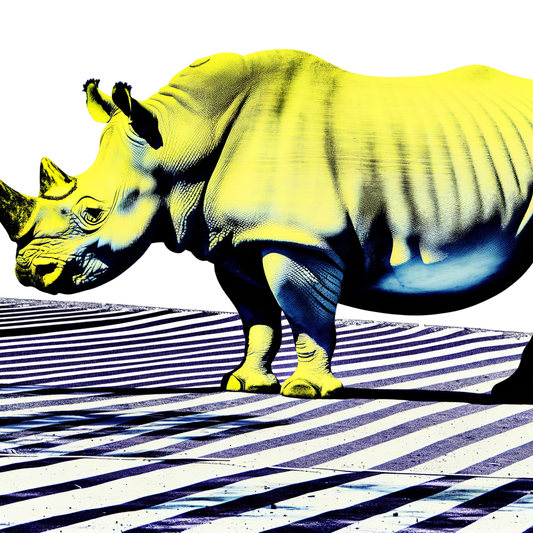 A colorful illustration of a rhinoceros on stripes.