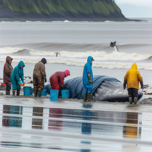 Rescue team cares for a stranded whale on the beach.