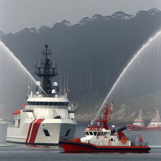 Two rescue boats navigating in a misty harbor.