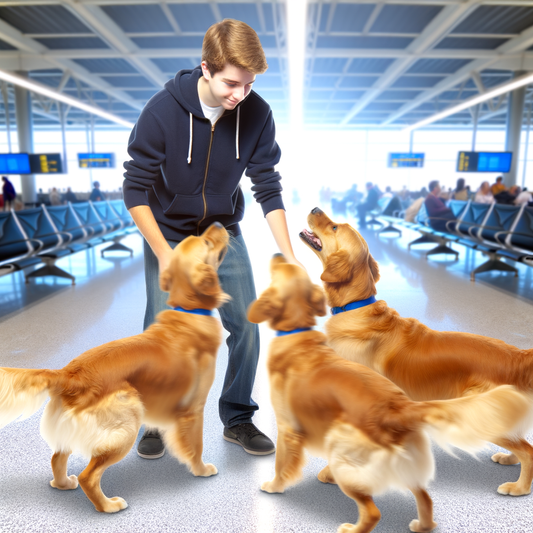 A young man petting three friendly golden retrievers.