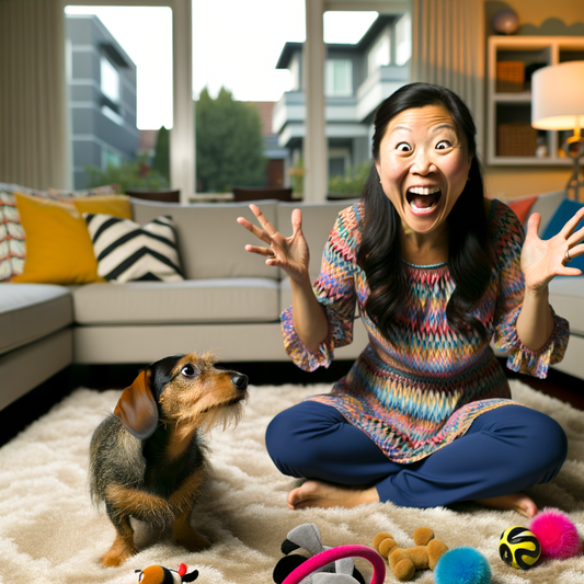 Woman joyfully playing with her dog and toys.