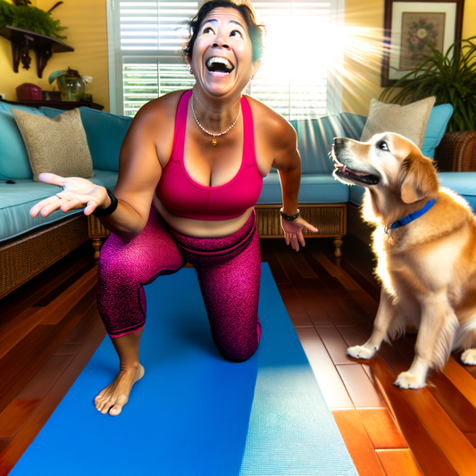 Woman enjoying yoga with a golden retriever watching.