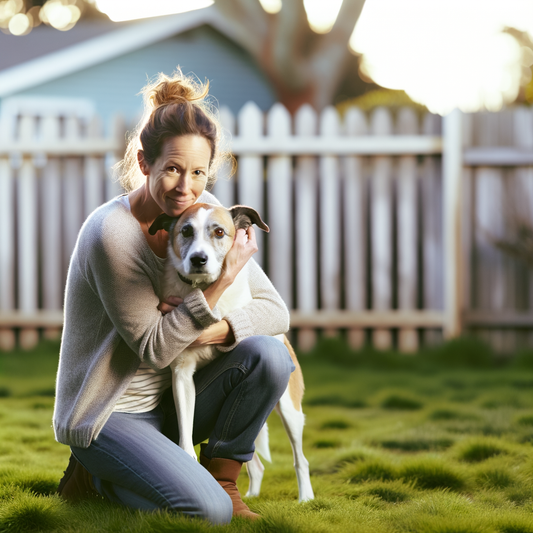 Smiling woman hugs her dog in a grassy yard.
