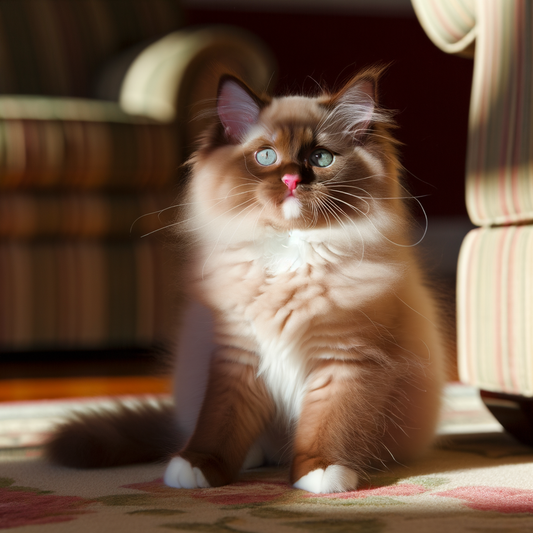 Fluffy cat sitting in sunlight by a patterned rug.
