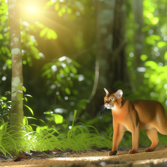 A wild cat walking through a sunlit forest.