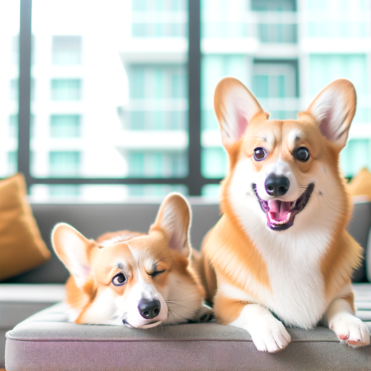 Two corgis relaxing on a couch, one smiling.