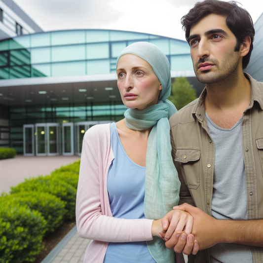 A couple standing together outside a modern building.