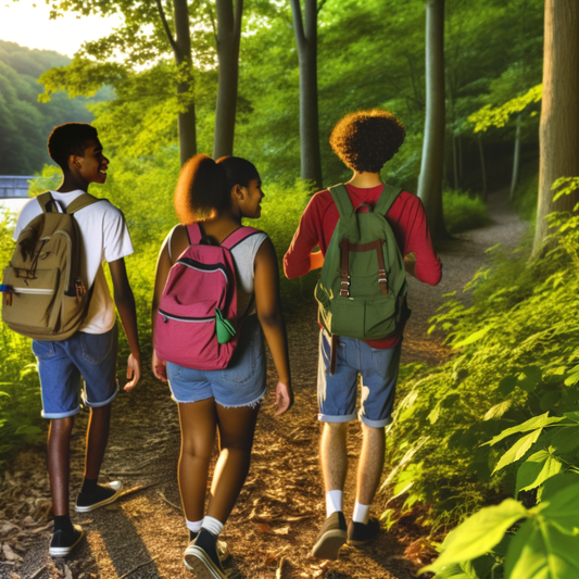 Friends hiking together through a sunlit forest path.