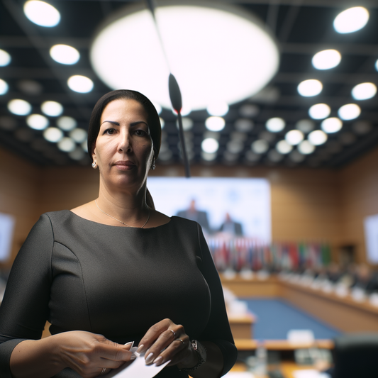 Confident woman standing in a conference setting.