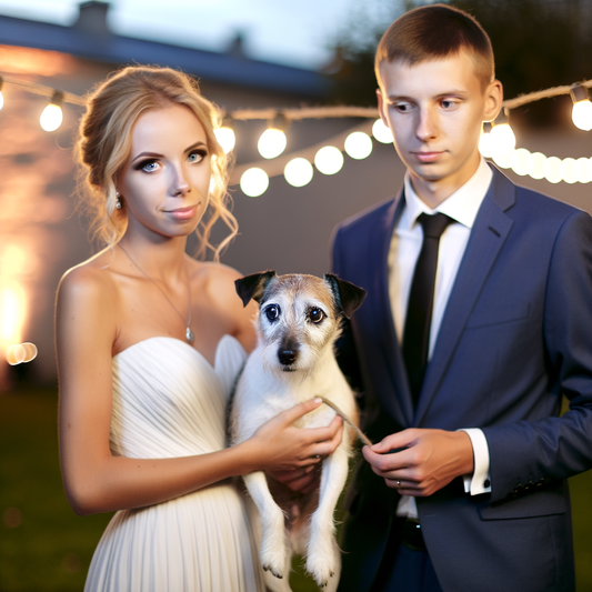 Couple holding a dog at a festive outdoor setting.