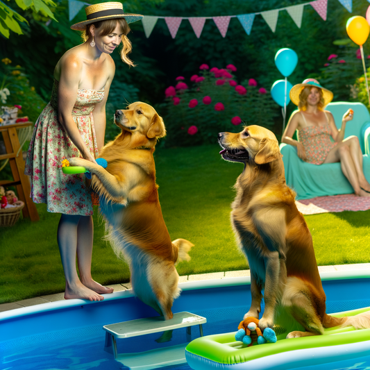 Woman plays with golden retrievers by the pool.