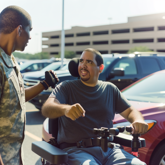 Man in a wheelchair talks with a soldier outdoors.