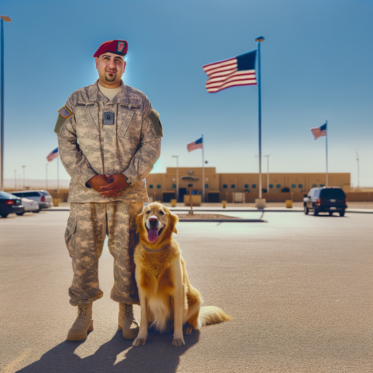 Soldier in uniform stands beside a golden retriever.