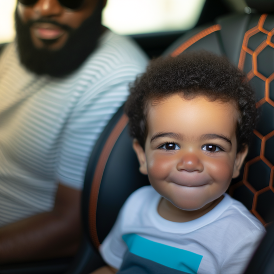 Smiling toddler sitting in a car seat.