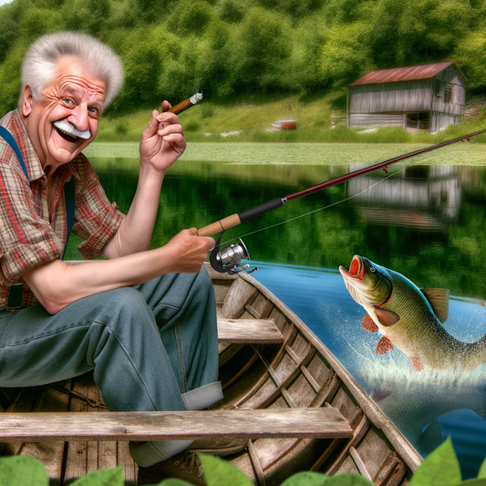 Happy elderly man fishing with a cigar in a boat.
