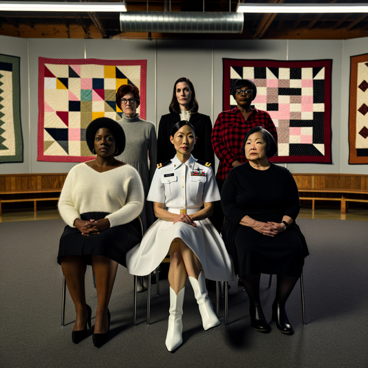 Women seated together in front of colorful quilts.