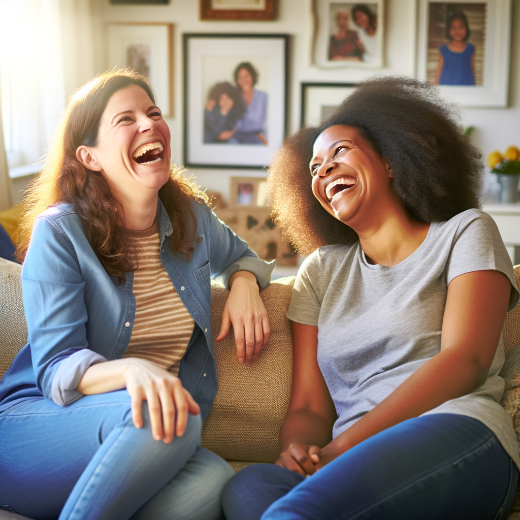 Two women laughing together on a couch.
