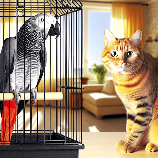 Cat watches a parrot in a cage.