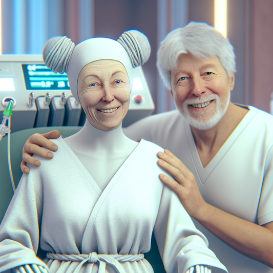 Smiling eldery couple with a humanoid robot.
