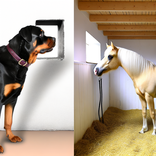 A dog and a horse looking through windows.