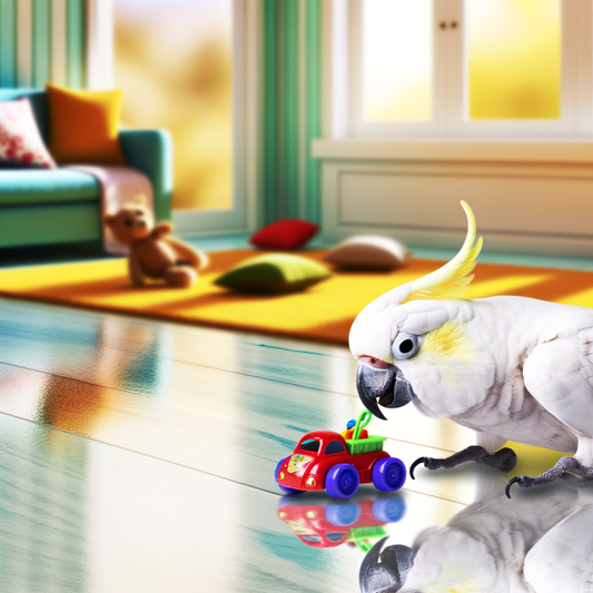 Cockatoo playing with a toy car in a bright room.