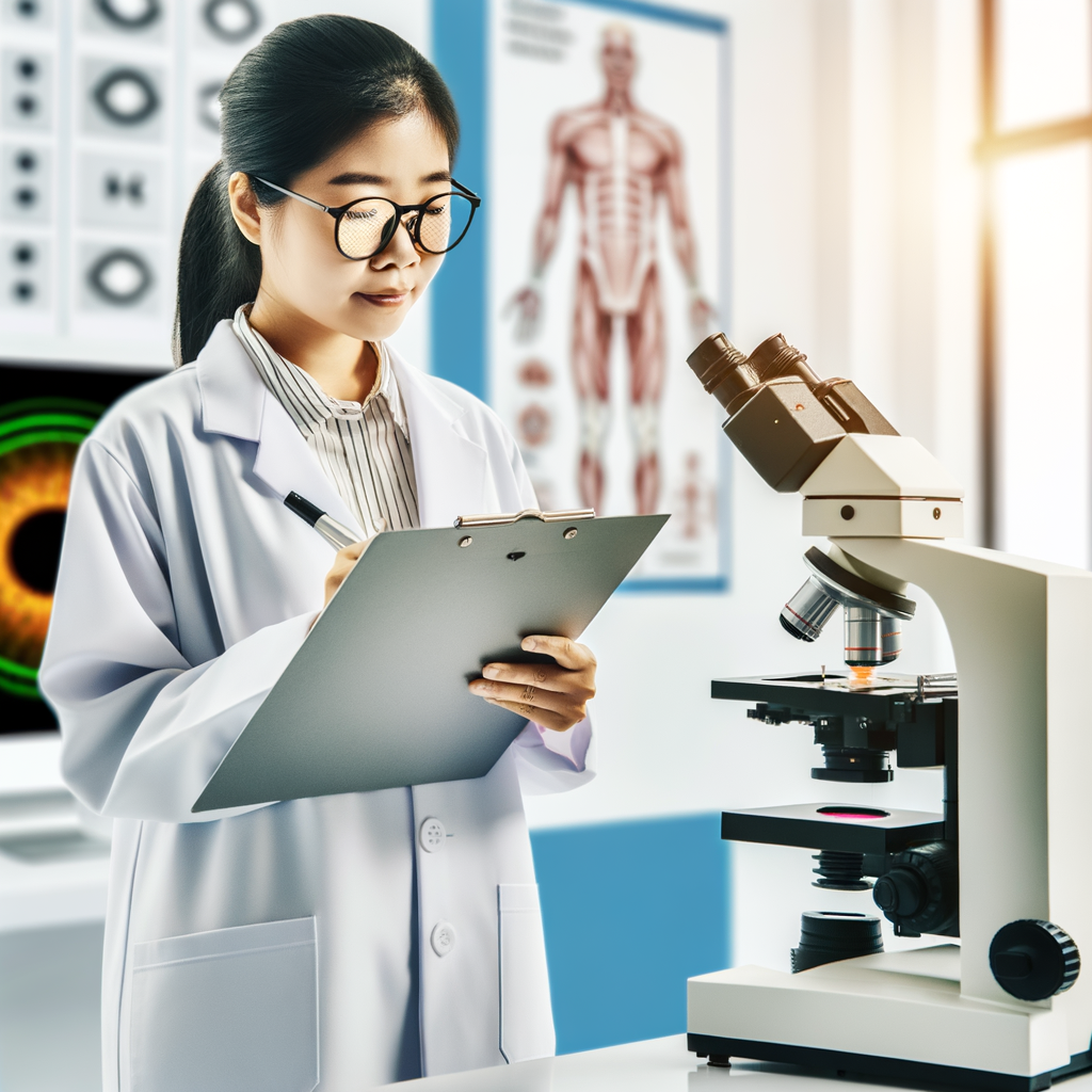 Scientist examining data with a microscope in the lab.