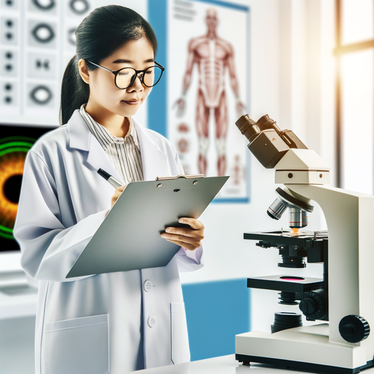 Scientist examining data with a microscope in the lab.