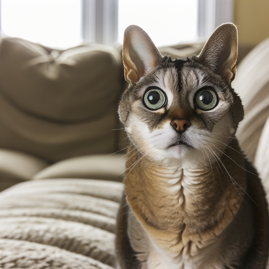 Surprised cat sitting on a cozy couch.