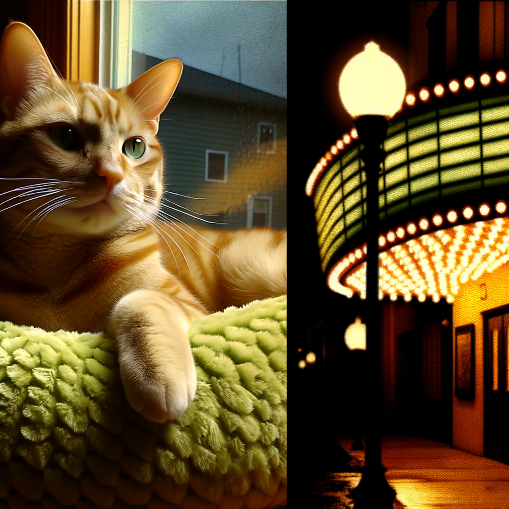 Ginger cat lounging by a bright theater entrance.