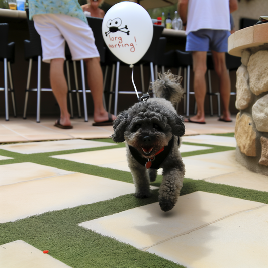 Dog with a balloon, joyfully walking in a party.