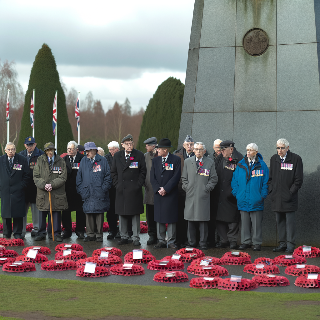 Veterans gathered at a memorial with poppy wreaths.
