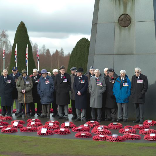 Veterans gathered at a memorial with poppy wreaths.