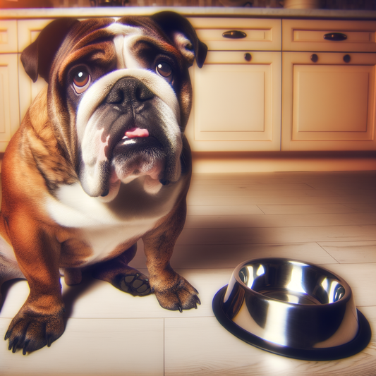 Bulldog sitting next to an empty food bowl.