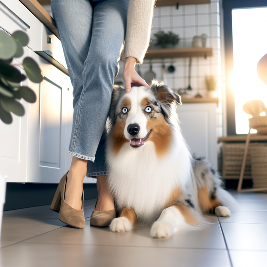 A person petting a happy dog in a kitchen.