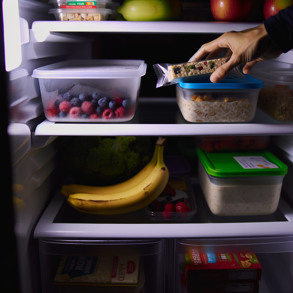 A hand retrieving a snack from an open fridge.