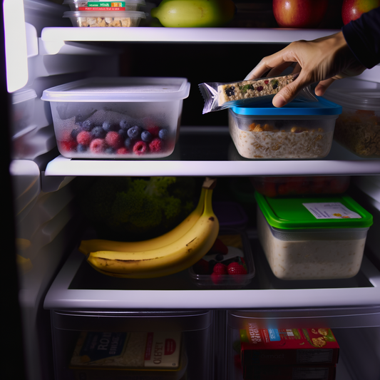 A hand retrieving a snack from an open fridge.