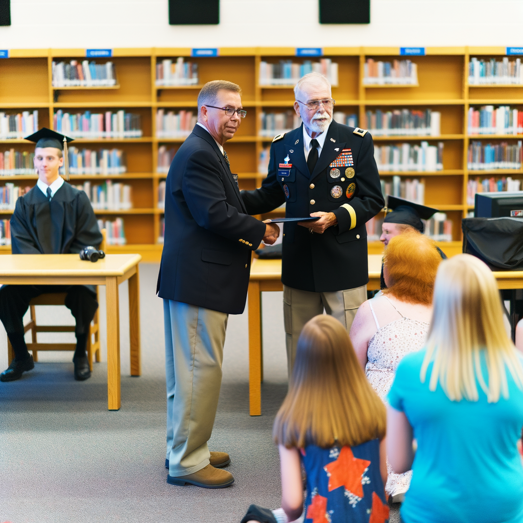 Two men shake hands during a ceremony in a library.
