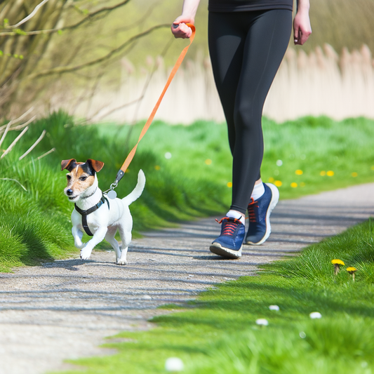 Person walking a small dog on a sunny path.