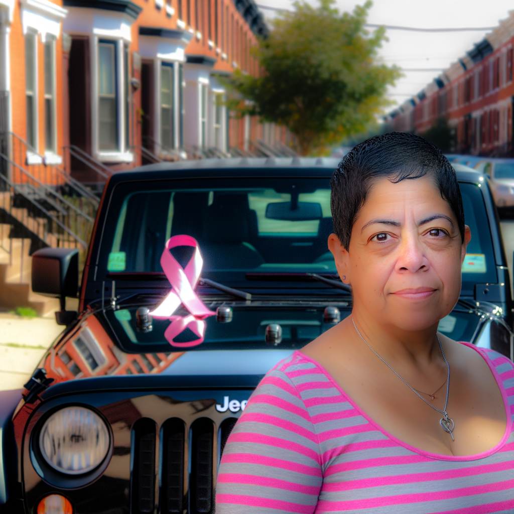 Woman with short hair standing beside a Jeep.