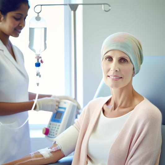 Cancer patient receiving treatment with supportive nurse.