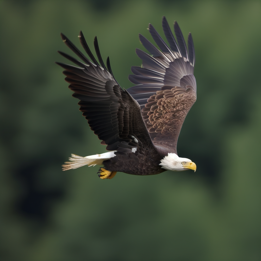 Bald eagle soaring gracefully against a blurred background.