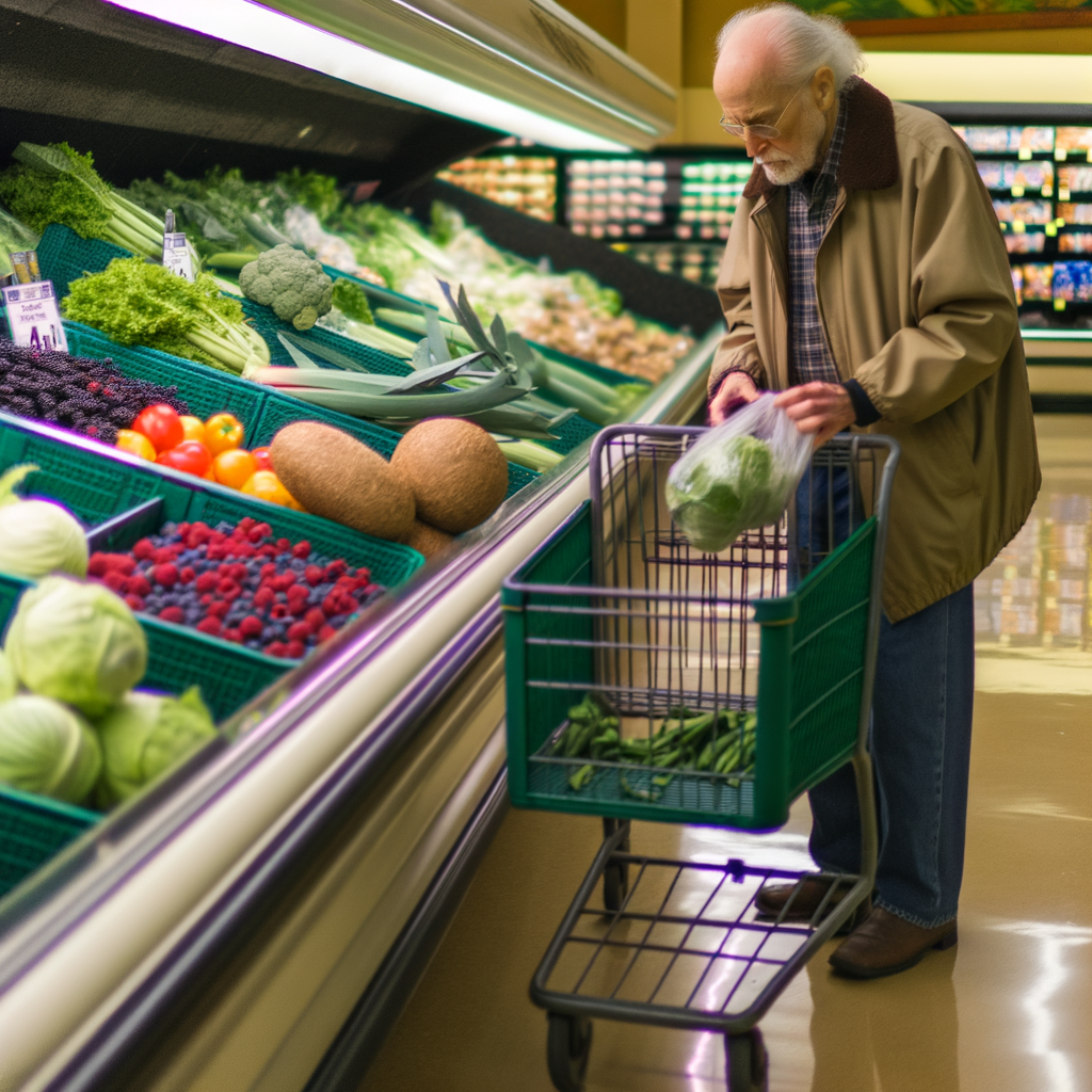 Elderly man shopping for fresh vegetables in grocery store.